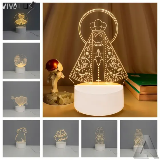 Luminária Abajur 3D Led Acrílico De Mesa Criativo Tomada Branco Luz Noturno 3D Santinha Coração