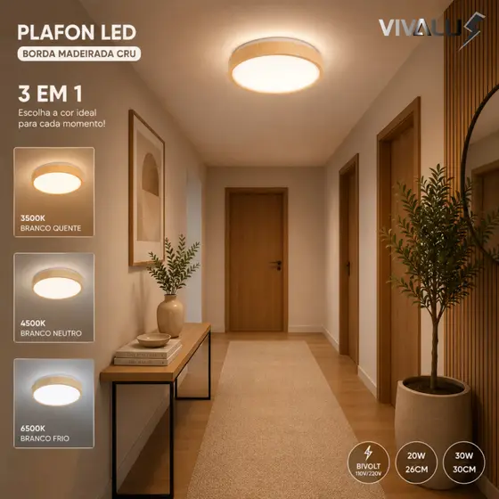 Luminária Plafon Amadeirado Wood Madeira LED 3 Em 1 Painel De LED Teto Bivolt Para Sala Quarto Hall