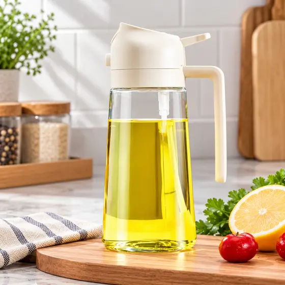 Glass Oil and Vinegar Sprayer with Button + Dispensing Nozzle + Plastic Lid and Cap 470ml