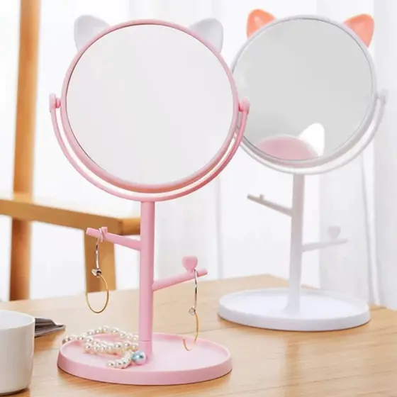 Espelho de Mesa Com Suporte Para Maquiagem e Porta Bijouteria Com Orelha de gato Elegante e Moderno