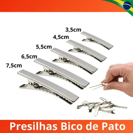 Presilha Bico De Pato Kit 50 /100 Unidades Jacaré Prata 3.5cm a 7.5 cm c/ Duas Garras Cabelo Metal