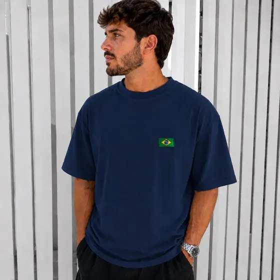 Camiseta Bandeira do Brasil Bordada Premium 100% Algodão Camiseta Amarela bandeira do Brasil Camiseta Masculina