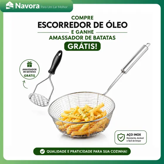 Escumadeira Grande para Fritura Aço Inox Reforçada para Batata Frita e Pastel + Amassador de Batata Grátis