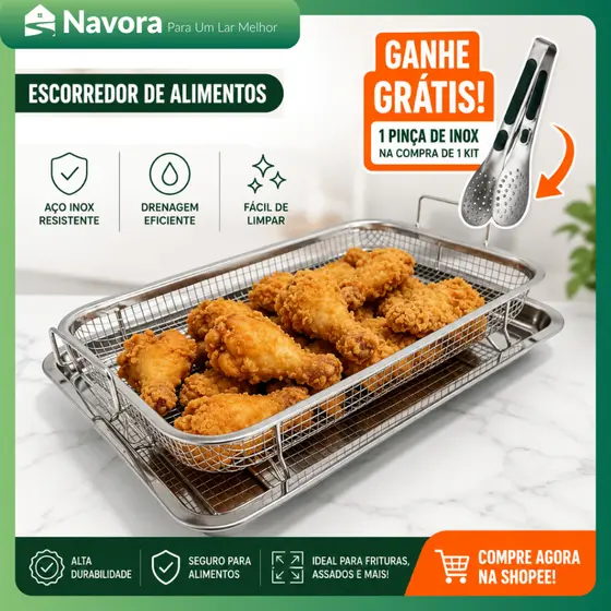 Escorredor e Bandeja Multiuso Inox para Macarrão Frituras Salgados com Pegador Grátis