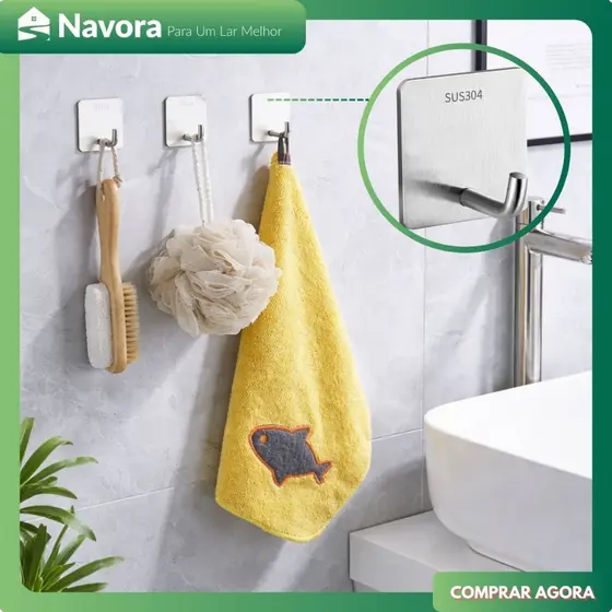 Gancho Adesivo em Aço Inox Sem Furo Suporte Parede Forte Cozinha Banheiro - Suporta 8kg