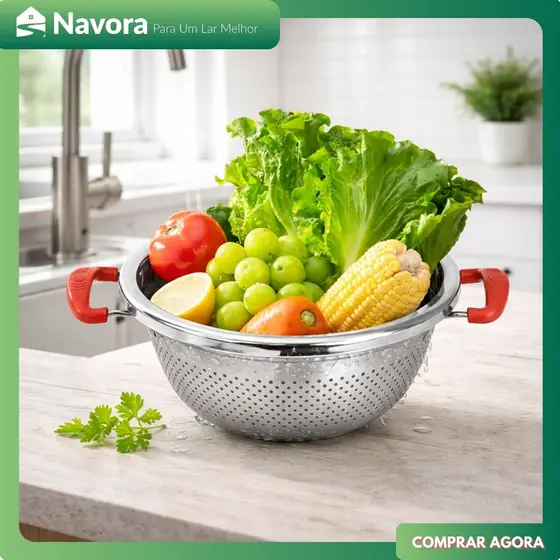 Escorredor de Legumes Frutas e Massa Aço Inox com Alça Multiuso Cozinha 24 26 28cm