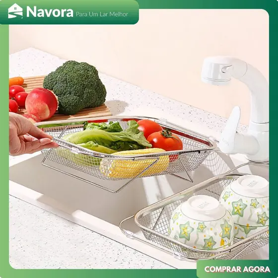 Escorredor De Pia Aco Inox Multiuso Retrátil - Escorredor De Alimentos Legumes Frutas Vegetais Alça