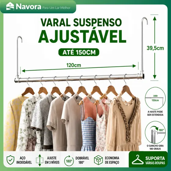 Varal Suspenso Retrátil Ajustável 120-230cm Aço Inox para Varanda e Sacada