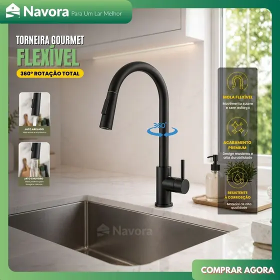 Torneira Gourmet Cozinha com Mangueira Flexível Preta Extensor 360° Água Única Resistente Ajustável