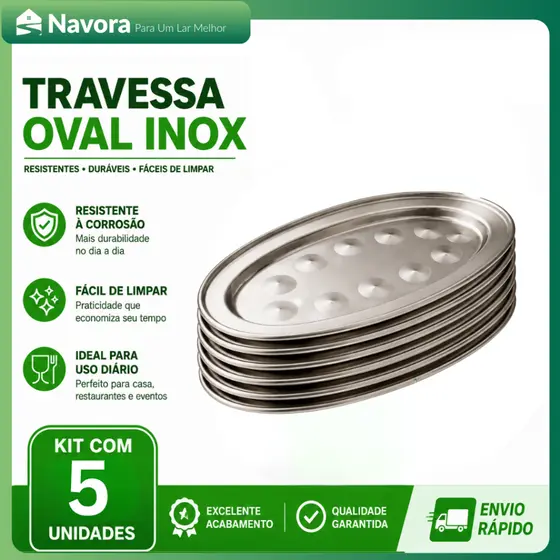 Travessa Oval Inox Bandeja Rasa Aço Inoxidável para Servir Petiscos Churrasco Porções Cozinha
