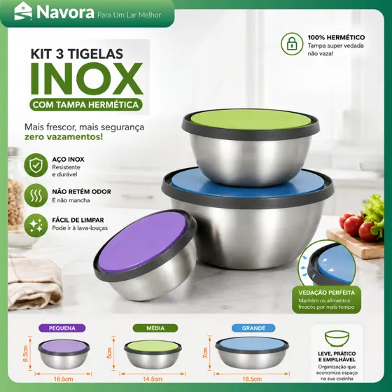 Kit 3 Tigelas Inox com Tampa Hermética Vedação Anti Vazamento para Alimentos