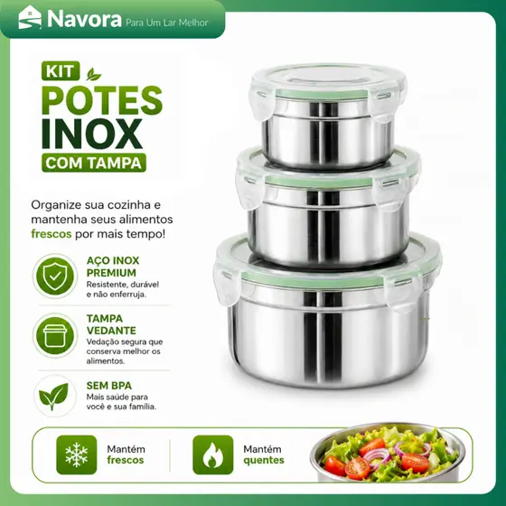 Kit 3 Potes Inox SUS304 Stackable Redondos com Tampa Hermética Lunch Box BPA Free Alimentos