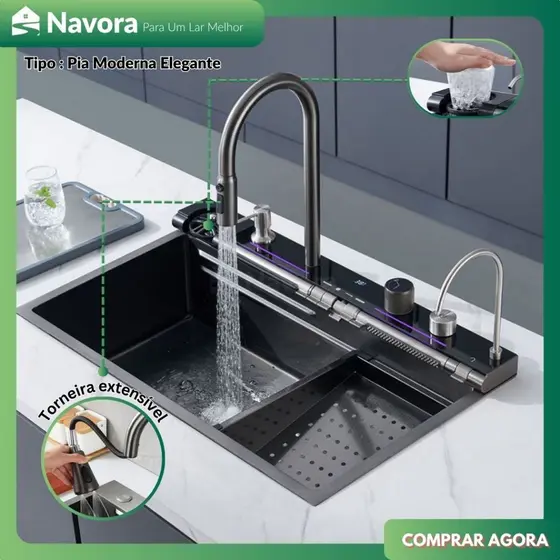 Cuba Gourmet 75x45 Inox 304 Completa com Torneira Cascata Lava Copos e Kit de Acessórios