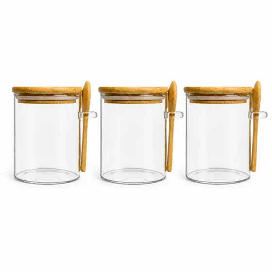 Kit 3 Potes Herméticos de Vidro com Tampa Bambu e Colher 300 a 550 ml