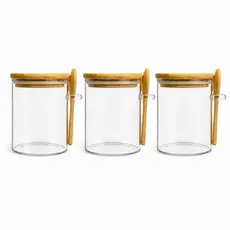 Kit 3 Potes Vidro Hermético Tampa Bambu Com Colher Mantimentos Cozinha Temperos 300ml 410ml e 440ml