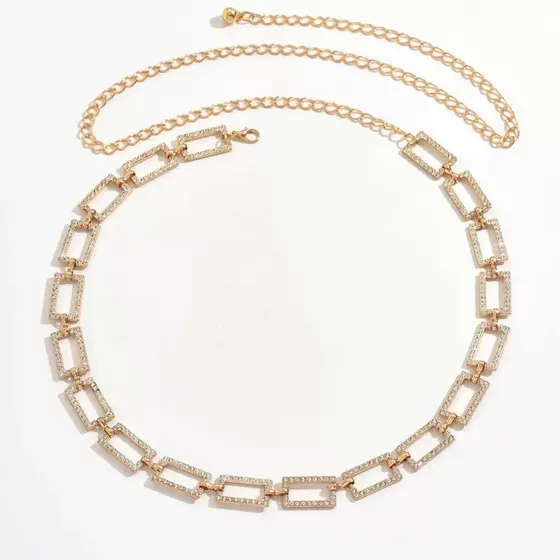 Cinto Feminino de Corrente com Strass Luxuoso e Design Geométrico Elegante