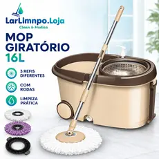 Esfregão Mop Giratório 16L com Cesto Inox, Cabo 140cm e 3 Refis – Rodo 360° para Limpeza de Pisos