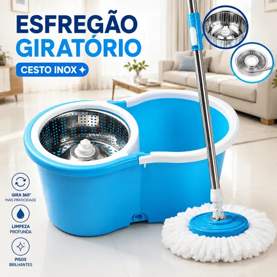 Kit Mop Giratório Azul com Balde e Cesto Inox + 2 Refis | Esfregão 360° para Limpeza