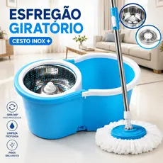 Kit Mop Giratório Azul com Balde e Cesto Inox + 2 Refis | Esfregão 360° para Limpeza