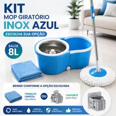 Kit Mop Giratório com Inox Balde  Azul | Limpeza e Espremedor Automático com Refil Incluso