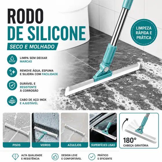 Rodo de Silicone para Limpeza Seca e Molhada, Remove Água, Cabelos e Pelos de Pet, Cabo Ajustável