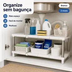 Organizador Extensível para Debaixo da Pia 2 Níveis 54–75cm com Passagem para Cano – Branco