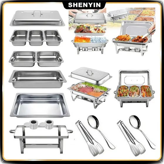 Rechaud Retangular Inox 33L  Kit Banho Maria Completo p 6 Peças (1+2+3) Buffets Grande