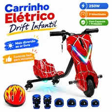 Triciclo Elétrico Drift Infantil 8 Polegadas Bluetooth LED com Mola + Capacete + Kit de Proteção