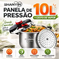 【SHANYIN】Panela de Pressão  Inox 10L com Cesto a Vapor 3 Pressões Indução e Fogões