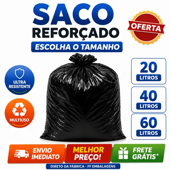 Saco de Lixo Reforçado Com 50 Ou 100 Unidades Disponível em 60L 40L 20L Resistente Direto da Fábrica