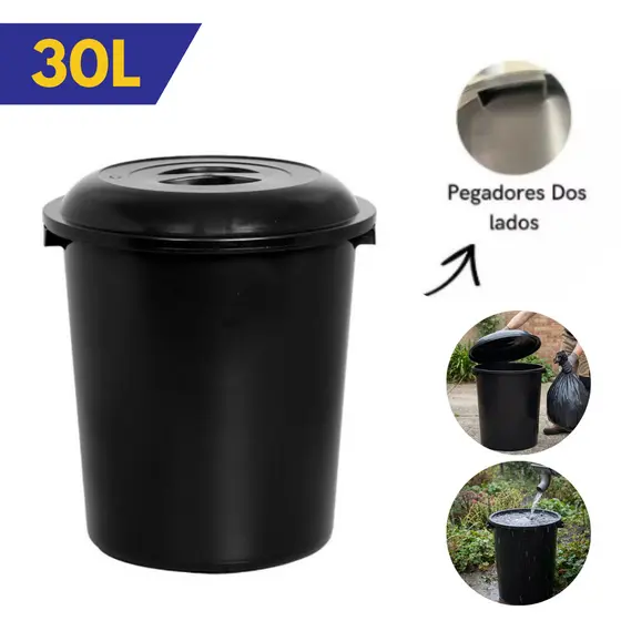Cesto Fechado 30 Litros Organizador/Lixeira Com Tampa -Preto Multiuso Grande Area externa Reforçado