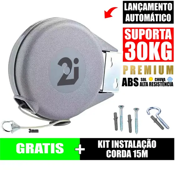 Varal Retrátil Recolhivel Automático de Parede uso Externo Interno Extensivel 15 metros de Distância