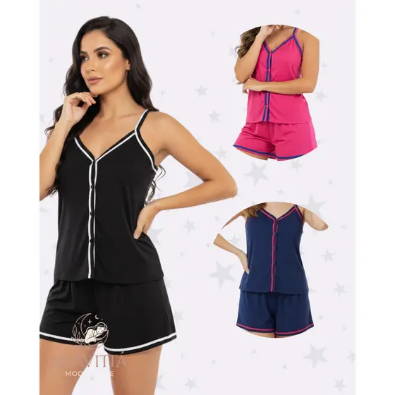 Pijama Feminino Baby Doll Short Doll Estilo Americano com Botões Cirúrgico Amamentação Gestante Malha Leve Confortável
