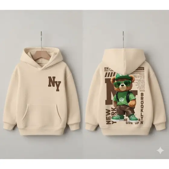 Moletom com Capuz de Manga Longa Confortável com Estampa de Urso Cartoon NY Minimalista para Meninos