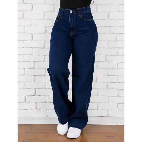 Calça Jeans Feminina Wide Leg Cintura Alta com Modelagem Confortável Moda Blogueira