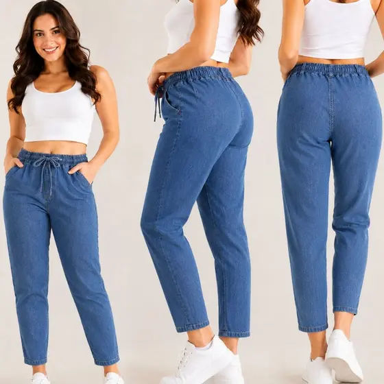 Calça Jeans Feminina Folgada Cintura Alta Capri Tecido Leve Confortável