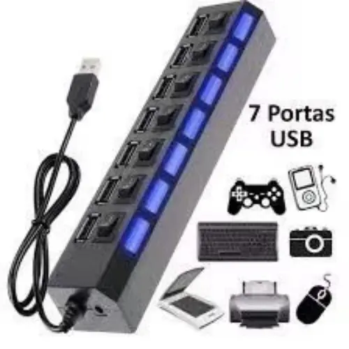 Extensão Hub Usb 2.0 Régua 7 Portas com Chave Seletora Pc Hd Externo Pendrive