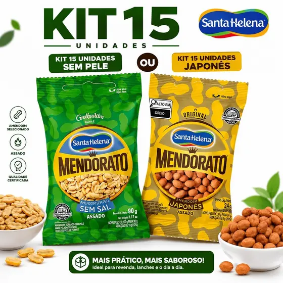 Kit 15 Amendoim Mendorato Santa Helena Sem Pele Sem Sal ou Japonês Assado Crocante Original 24g