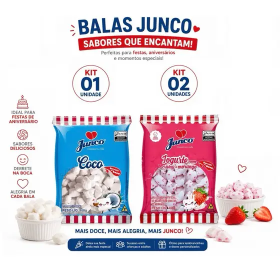 Bala de Coco Junco Decoração festa Aniversario 400g Sabores Coco I Iogurte Com Morango
