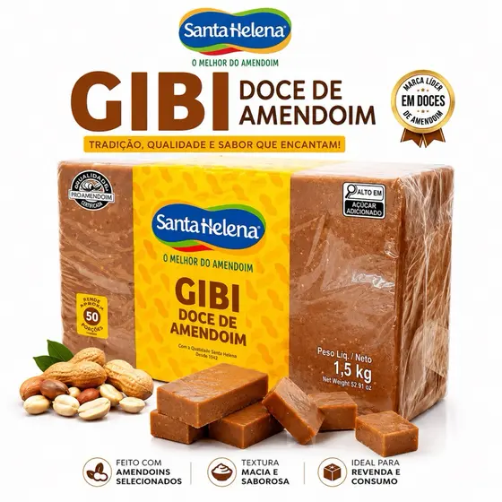 Doce de Amendoim Gibi Santa Helena 1,5kg Paçoca Barra Tradicional - Festa Junina Doce com 50 unidade