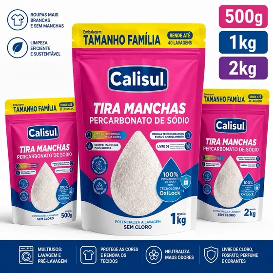 Percarbonato de Sódio Tira Manchas Calisul  500g  1kg  2 kg - Remove Manchas Clareia Elimina Odores