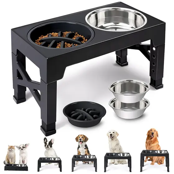 Comedouro Elevado Ajustável 5 Alturas para Cães, Dobrável com Comedouro Lento + 2 Tigelas Inox,Preto
