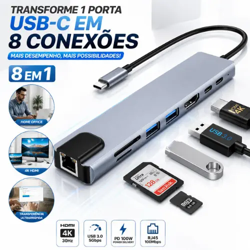 Hub USB C 8 em 1 Adaptador HDMI 4K USB 3.0 RJ45 PD 100W SD TF para Notebook MacBook
