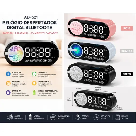 Relógio Despertador Digital com Rádio FM Bluetooth Speaker Portátil USB