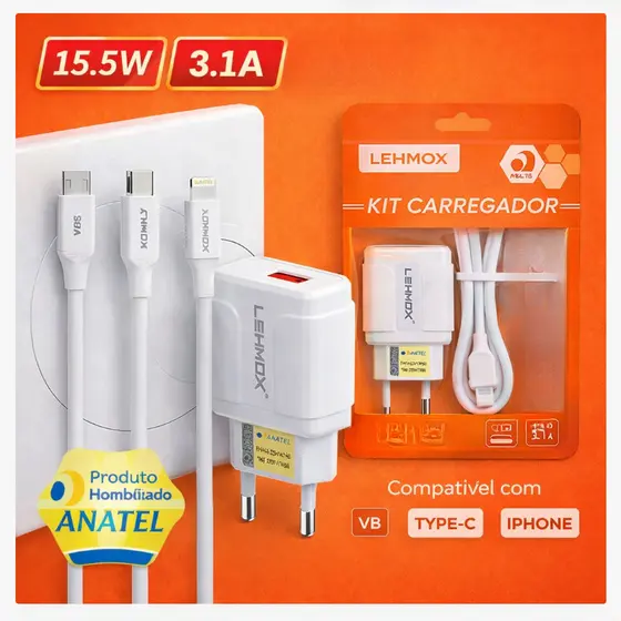 Carregador Turbo Rápido com Cabo V8 Micro USB Type-C Lightning para Android e iPhone