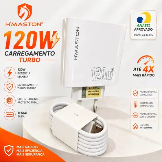 Carregador Turbo 120W H'MASTON LR31-3 USB com Cabo Tipo C Carregamento Rápido ANATEL