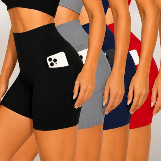 Kit 04 Shorts Feminino Fitness Suplex Bolso Lateral Alta Compressão Cintura Alta Zero Transparência