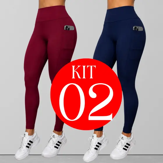 Kit 02 Calças Legging Feminino Suplex Bolso Lateral Cós Duplo Cintura Alta Academia Fitness Crossfit