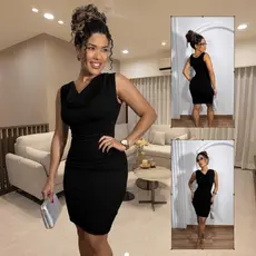 Vestido Feminino Midi Anarruga Drapeado Premium Tubinho Moda Gola Boba