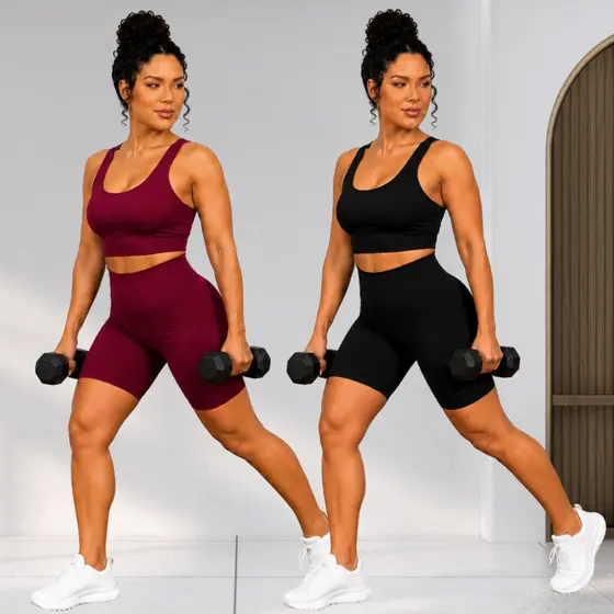 Kit 02 Conjuntos Feminino Fitness Short + Top Alta Compressão Cós Alto Zero de Transparência
